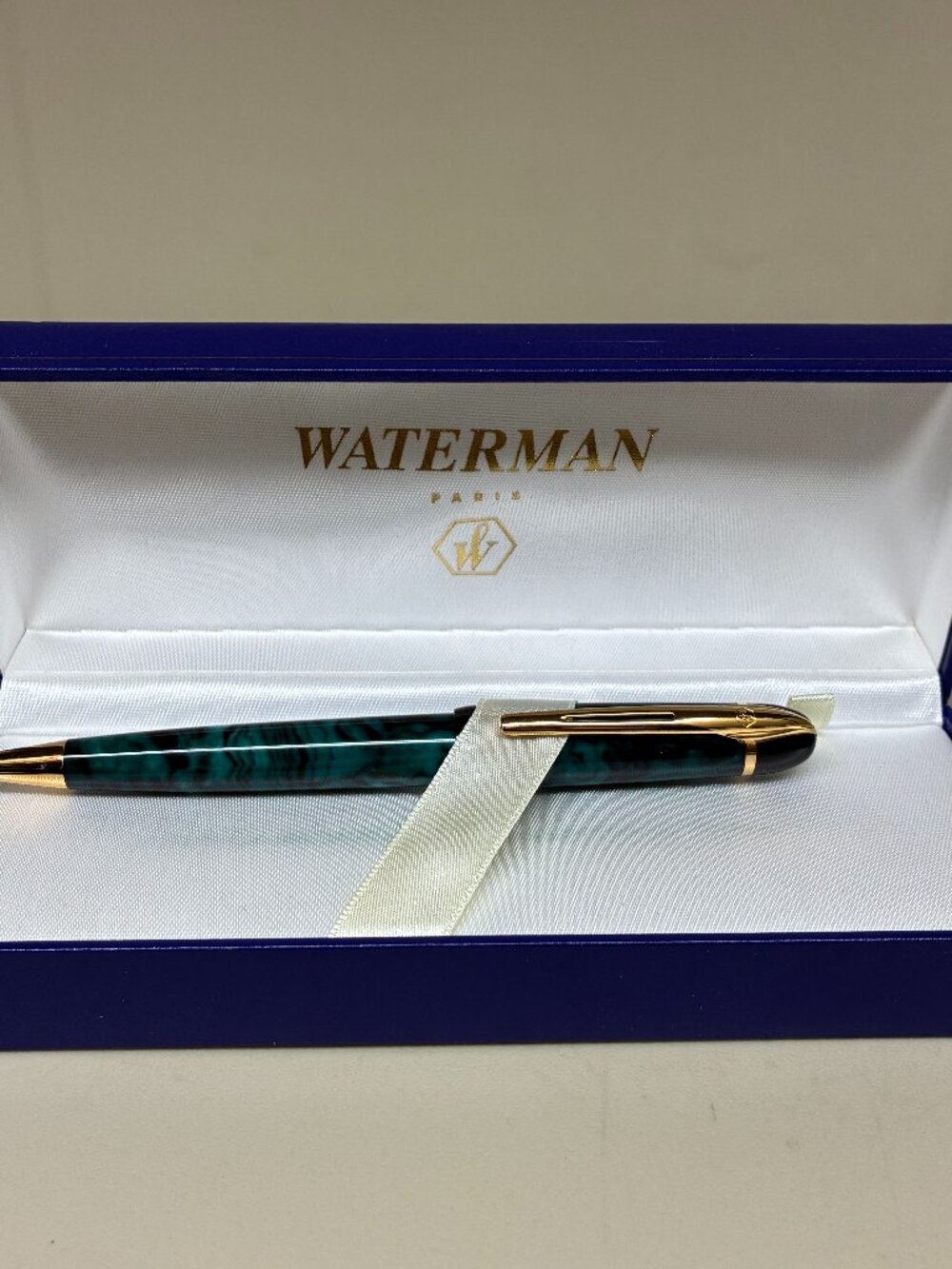 Vintage Waterman Phileas Ballpoint Pen Green Mineral Marble Gold Accent France